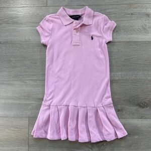 Ralph Lauren Girls 5 Pink Mesh Polo Dress Embroidered Navy Pony Pleated Skirt